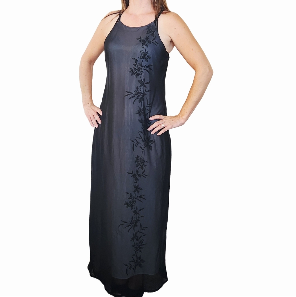 Y2K Express Black Floral Maxi Dress Size 11/12 Sheer Black Chiffon Whimsigoth